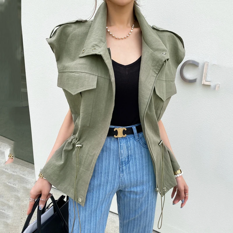 한국 시크한화물 윈드 포켓 조끼 겉옷 여성 2023 새로운 봄 드로 스트링 허리 포옹 슬리밍 재킷 탑 