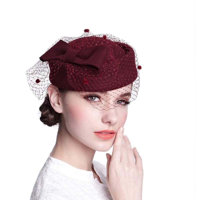 

Australian Hat Bride Elegant Wool Gauze Bow Airline Stewardess White Women's Fedora Caps Formal Lady Hat Royal Style Dome Chapeu