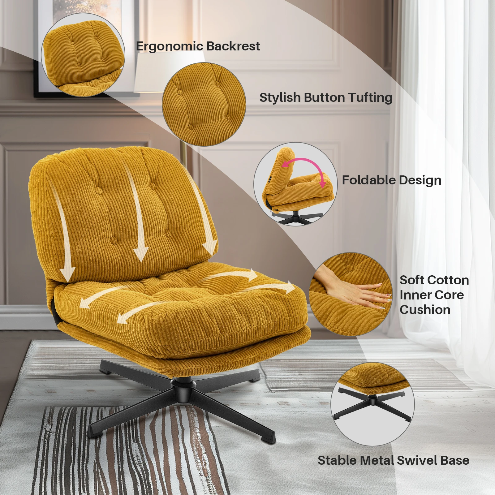 Redlife Modern Foldable Accent Chair 360&deg; Swivel Tufted Lazy Chair Upholstered Lounge w/ Thickened Cushion for Living Room