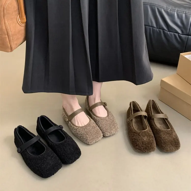 Square Toe Cosy 2026 Ballet Flats Woman Warm Teddy Fur Mary Jane Shoes Ladies Brand Design Elegant Fluffy Plush Loafers