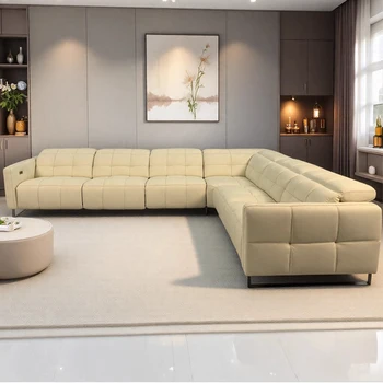 Nordic L-Shaped Dual Motors Electric Recliner Sofa, Luxury Genuine Leather Sectional Couch with Adjustable Headrest Theater Room