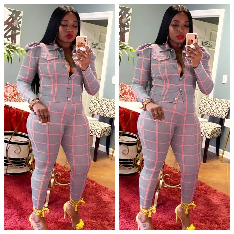 Oversized Plaid Blazer Suit Women Loose Casual Commute Two Piece Set Office Blazer Single Breasted Suit Pants Set Elastic Waist