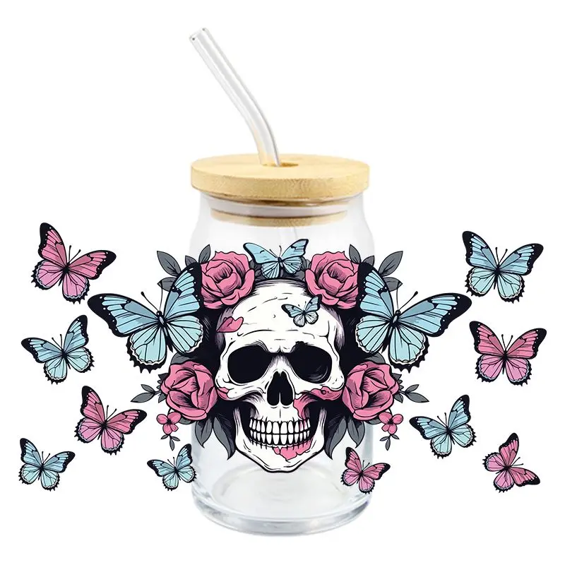 Cool Skull Head UV DTF Wrap Transfer Stickers 3D Cartoon Fashion Design DTF Wrap For Glasses Cups Mugs Waterproof Decal