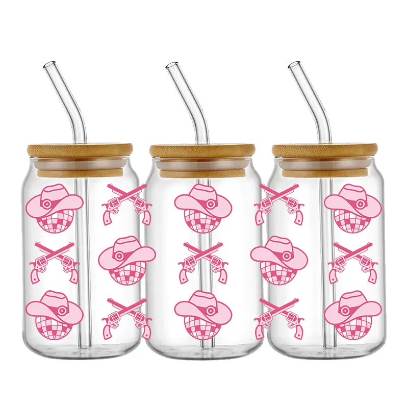 핑크 부츠 모자, 16OZ UV DTF 컵 랩 전사 스티커, 유리 리비 캔 병 자체 접착 세척 가능, DIY 커스텀