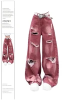 Jean Cargo Déchiré Rose Y2k pour Femme, Denim Harajuku, Style Vintage Japonais des Années 2000 1