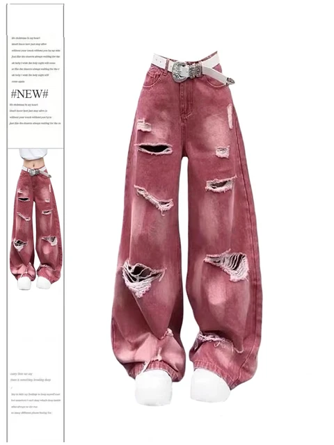 Jean Cargo Déchiré Rose Y2k pour Femme, Denim Harajuku, Style Vintage Japonais des Années 2000 1