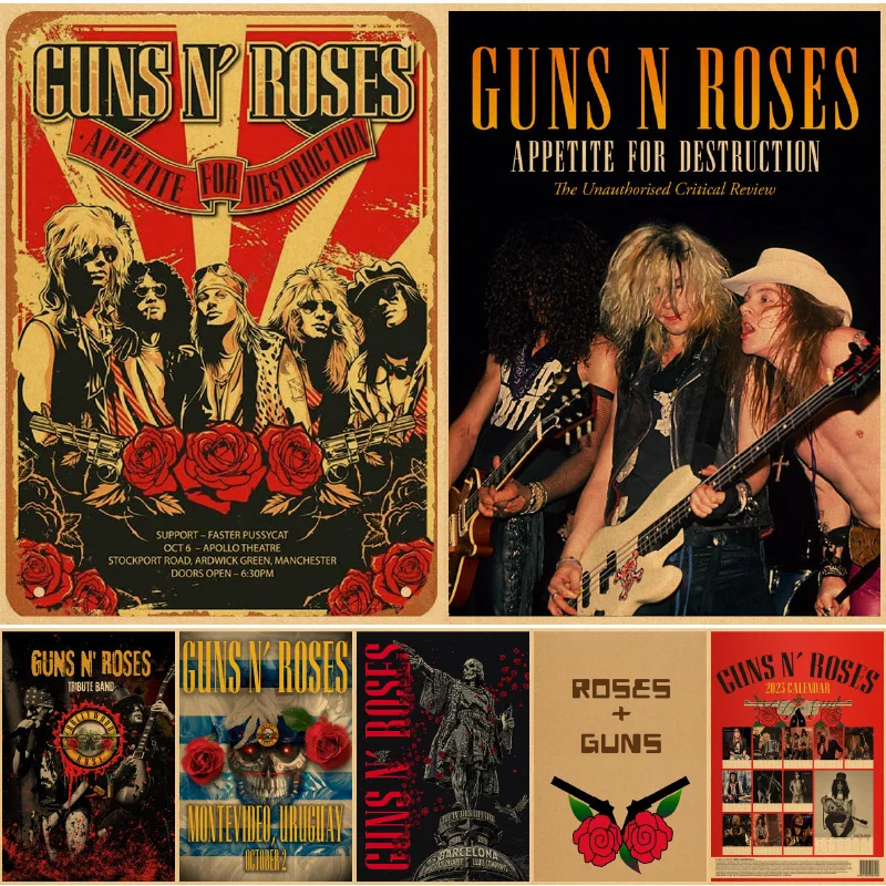 Guns n плакат с розами крафт-бумага рок музыка винтажная домашняя комната бар кафе декоративная эстетика мультфильм искусство Фреска