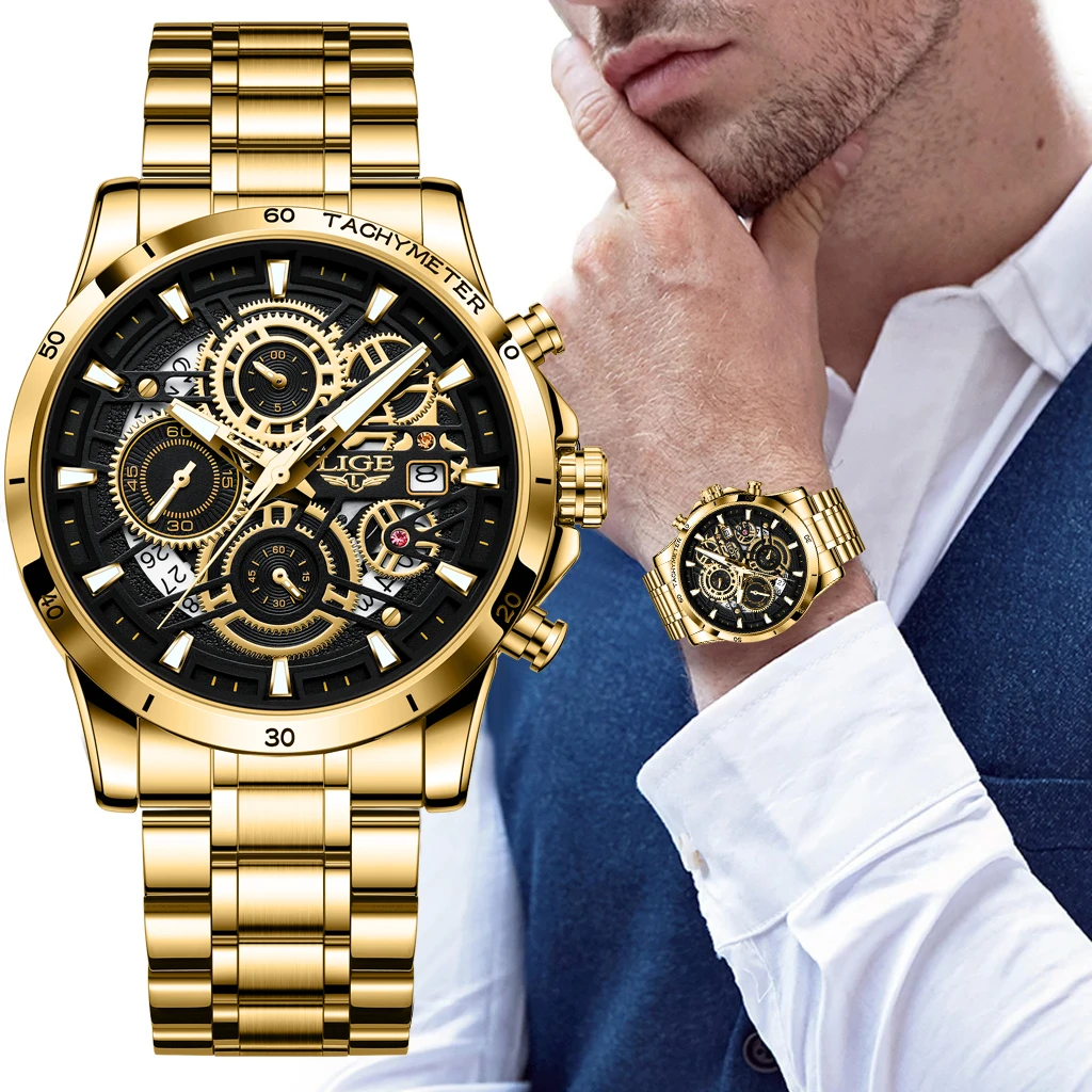 Gold Watches Men's Casual Watch Brands LIGE Fashion Mens