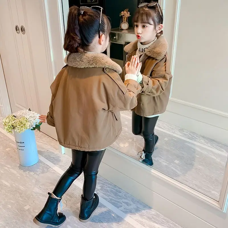 

2023 New Baby Girls Jacket Autumn Winter Thick Keep Warm Solid Cute Coat Outwear Fashion Plush Collar Children Clothing T114