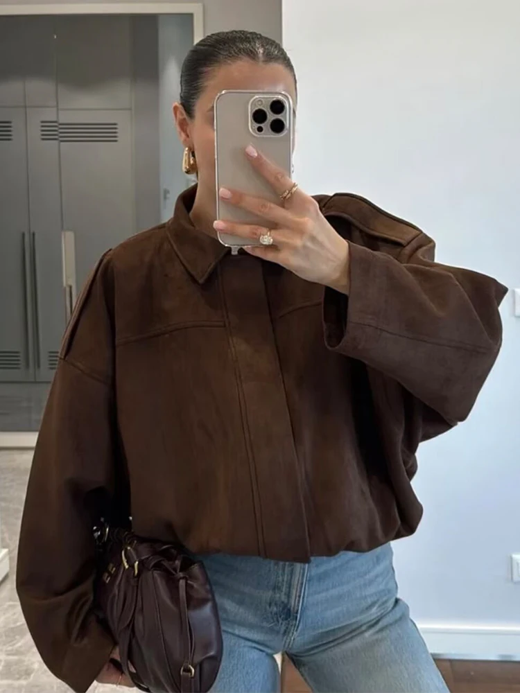 Women Coffee Suede Jacket Coat 2026 Spring Autumn New Fashion Long Sleeve Zipper Loose Bomber Jackets Chic Casual Streetwear ﻿ ﻿