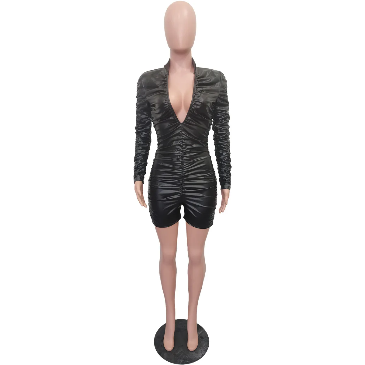 Sexy Deep V Neck Leather Women's Rompers Solid Folds High Strecth PU Playsuits Female Nightclub Party Skinny One Piece Shorts