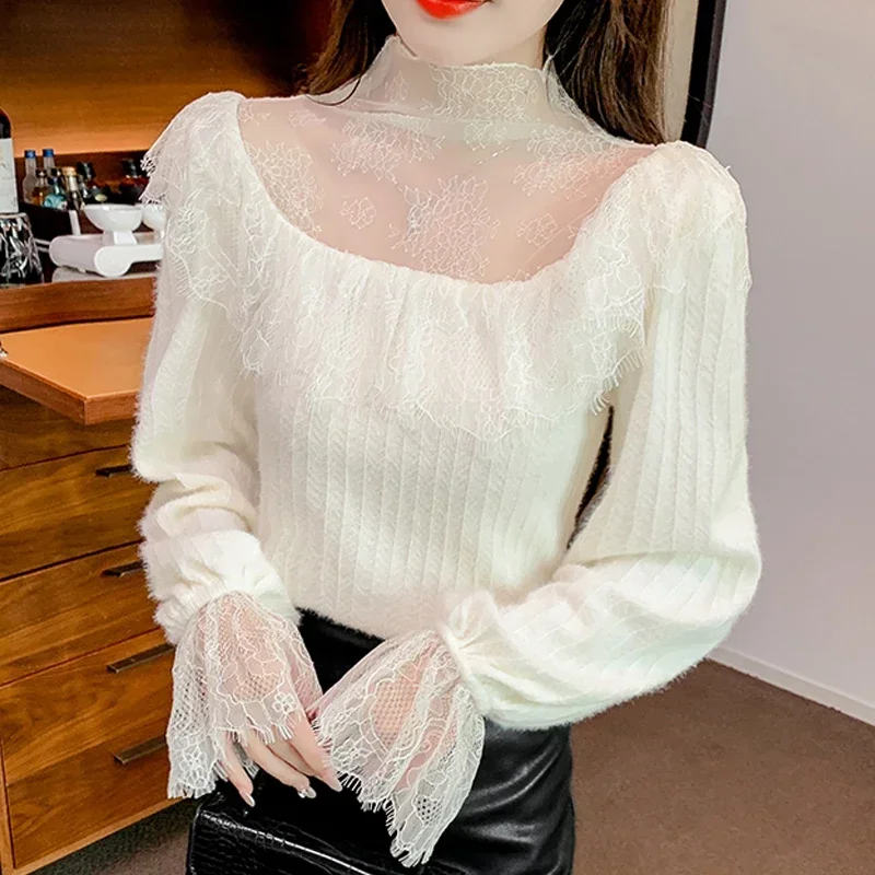 

Korean Style Office Lady Tops Vintage Clothes Elegant Flare Long Sleeve Lace Blouse Women Sweet Ruffled Shirt Women Blusas 30219