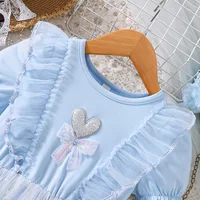 Robe en maille bleue pour petites filles, avec nœud en cœur et paillettes étoiles, robe de princesse quotidienne de Style doux, nouvelle collection printemps et été 3