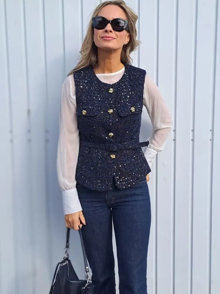 HH Women Fashion Tweed Belt Waistcoat O Neck Single Breasted Sleeveless Vests Spring Summer Office Lady Outerwear Chic Tops