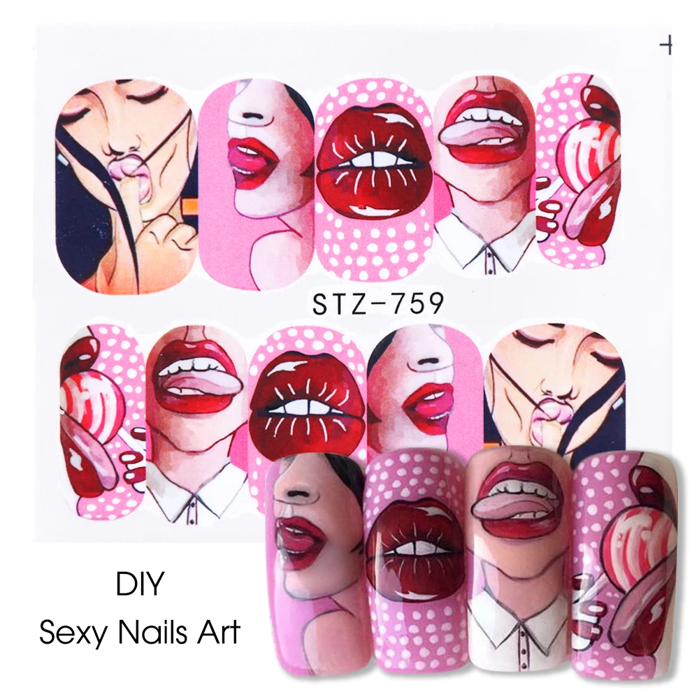 1pcs Pop Style Water Nail Art Slider Sticker Transfer Tip Cool Girl Lips Rose DIY Nail Decal Decor Tool CHSTZ756-763