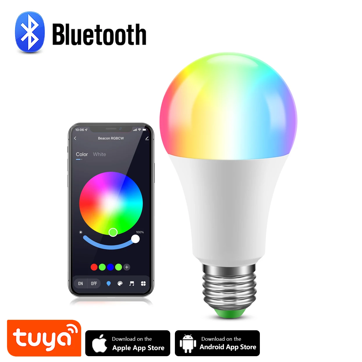 Tuya 블루투스 LED 전구 디밍 스마트 전구 앱 제어, RGB + CW + WW 색상 변경 램프 지지대, IOS/안드로이드, 15W E27 AC220V