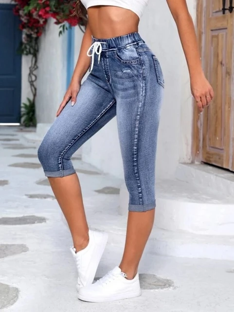 Calça jeans feminina de cintura elástica, com estiramento alto