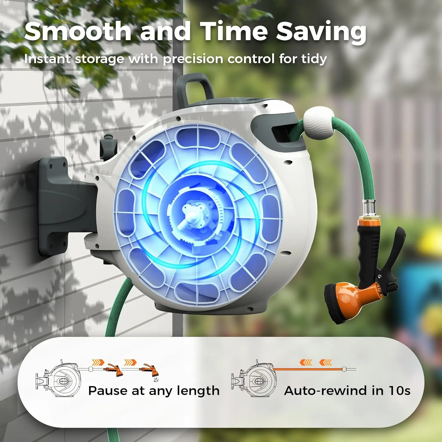 Heavy Duty Retractable Garden Hose Reel 1/2 in x 100 ft, Auto-Rewind & Any Length Lock,180° Swivel Wall Mount, 10 Spray Patterns