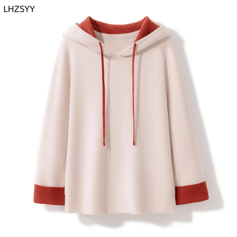 

LHZSYY 100% Pure Cashmere Hooded Sweater Winter New Ladies' Knit Pullover High-end Large size Jacket Color Matching Thick Hoodie