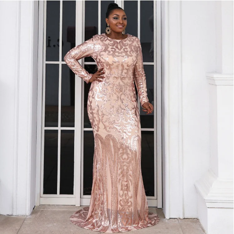 

Plus Size Wome Party Dresses Fashion Dragging Elegant Lady Evening Dresses New Sexy Round Neck Long Sequin Dress For Female