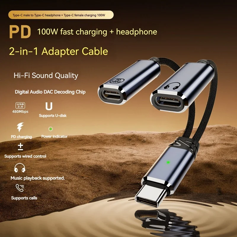 2IN1 USB 타입 C 케이블 어댑터 PD 100W 고속 충전 10Gbps OTG USB-C 3.5MM 이어폰 컨버터 (맥북 프로, 휴대폰, 태블릿용)