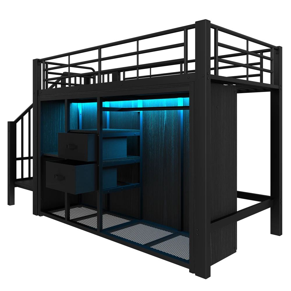 90 * 200 cm großes Etagenbett, mit 2 Schubladen und offenem Kleiderschrank, mehrfarbige LED-Beleuchtung, mehrere Ablagefächer (ohne Matratze) – Detail 12
