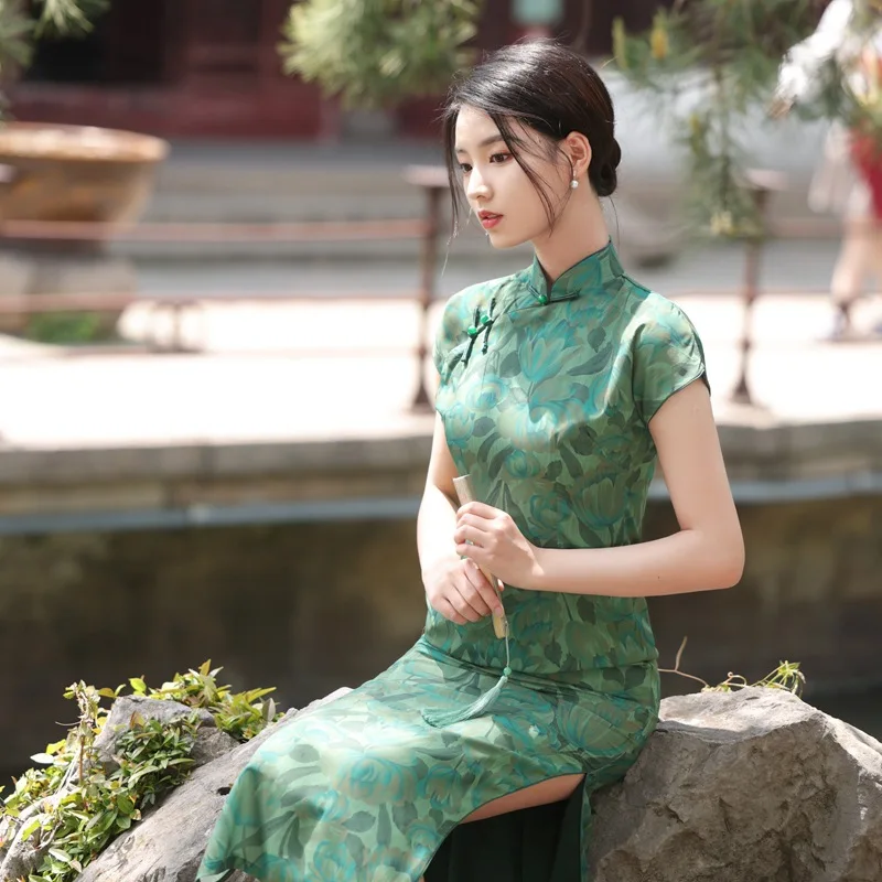 

Yourqipao Summer Dark Green Modern Cheongsam Young Girls Gentle Elegant Fashion Qipao Chinese Style Evening Dress for Women