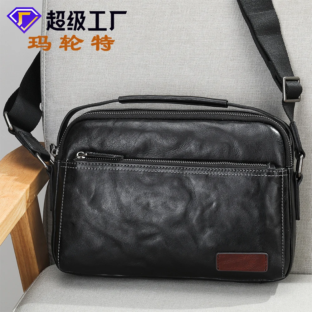 

Malunte Fashion New Top layer Cowhide Diagonal Cross Small Square Bag Leather Men's Shoulder Commuter