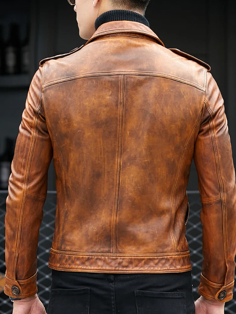 men's genuine leather coats & jackets Natural Sheepskin Jacket Men Slim Fit Business Casual Genuine Leather Cargo Coat Short Vintage Pockets Motorcycle Biker Jacket leather sheepskin jacket