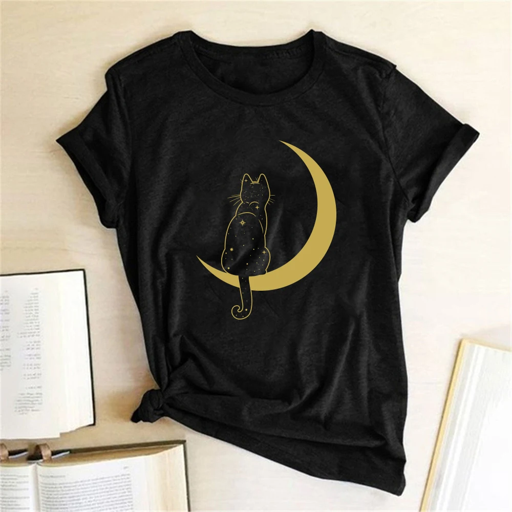 

Seeyouoshy The Cat on The Moon Print Women Tee Shirt Short Sleeve Summer Loose T Shirt Casual 90s Ladies Top Woman Clothes