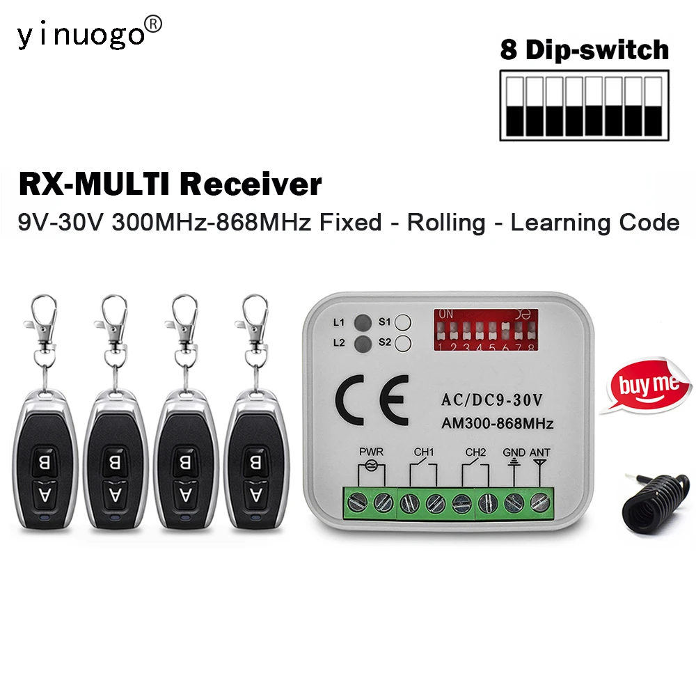 Universal Garage Remote Control RX MULTI Receiver 9V 30V 2CH For 300MHz 868MHz Garage Door