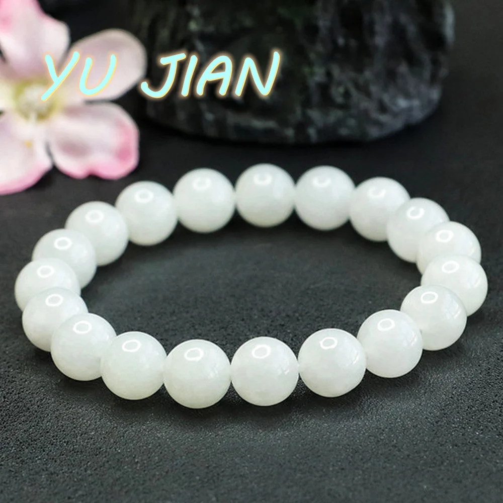 Natural Hetian Jade White-Jade Bangles Suet White Jasper Round Beads Bracelet Jadeite Handring Exquisite Stylish Fine Jewelry