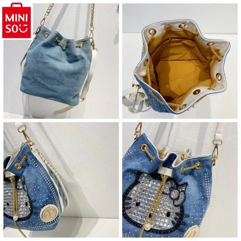 MINISO Sanrio Classic Woven Diamond Chain Bag Hello Kitty Retro High Quality Large Capacity Women's Bucket Diagonal Straddle Bag