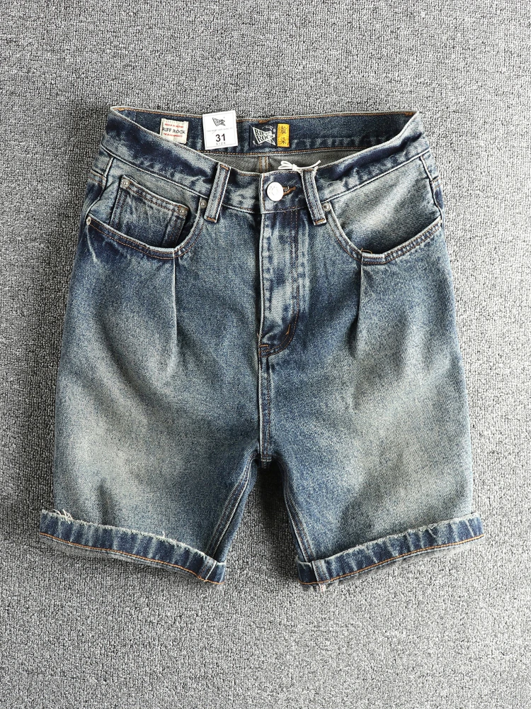 Summer New American Retro Denim Cargo Shorts Men's Fashion 80% Cotton Washed Make Old Loose Straight Casual 4-point Pants