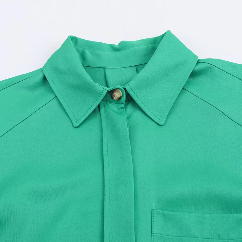 Chic Fashion Green Satin Shirts for Women 2025 New Long Sleeve Pocket Women's Streetwear Casual Shirt And Blouse Top ﻿