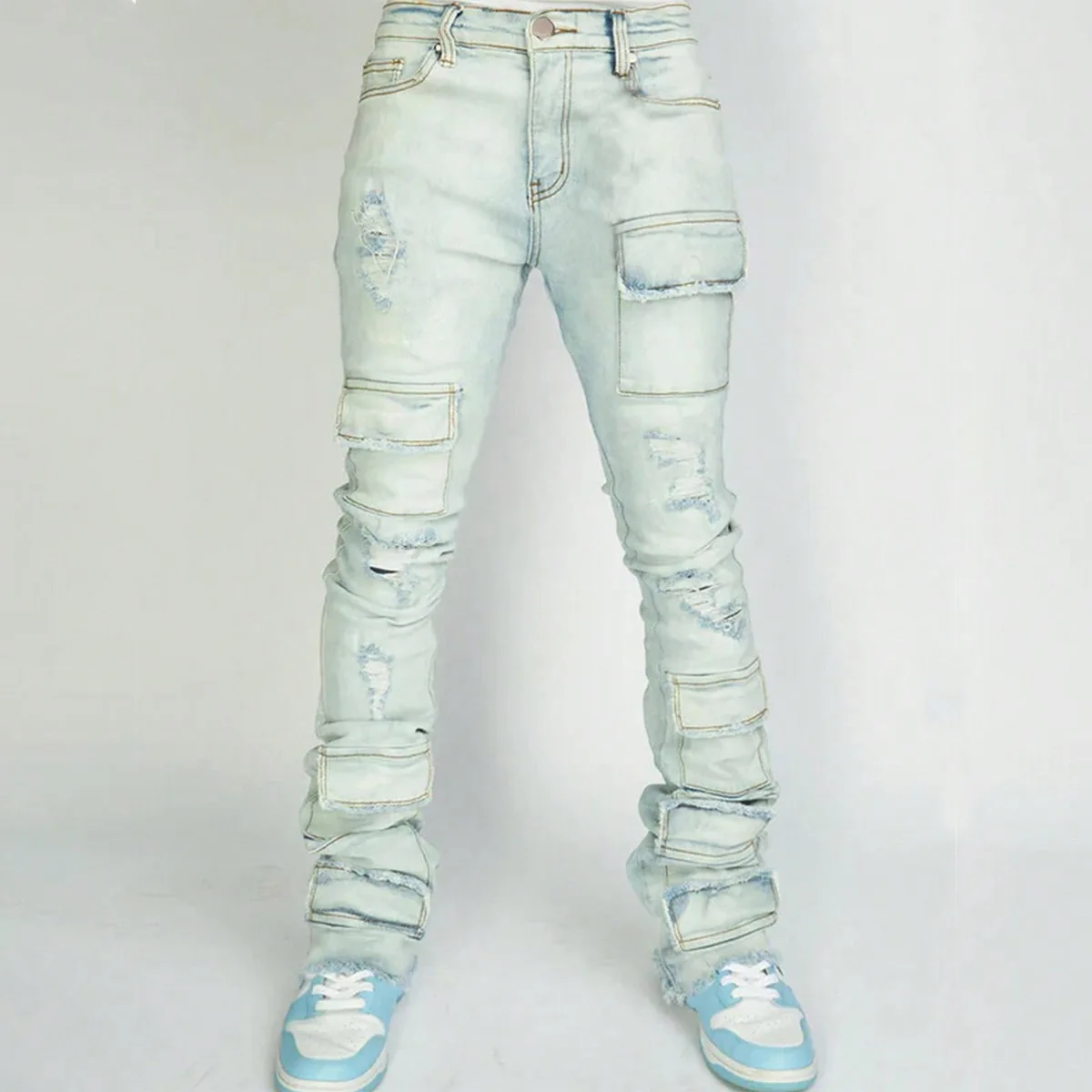 American Ripped Stretchy Men's Stacked Jeans Destroyed Wash Tear Cargo Pants Frayed Hem Muti-pockets Denim Trousers men jeans ripped jeans ripped patchwork jeans