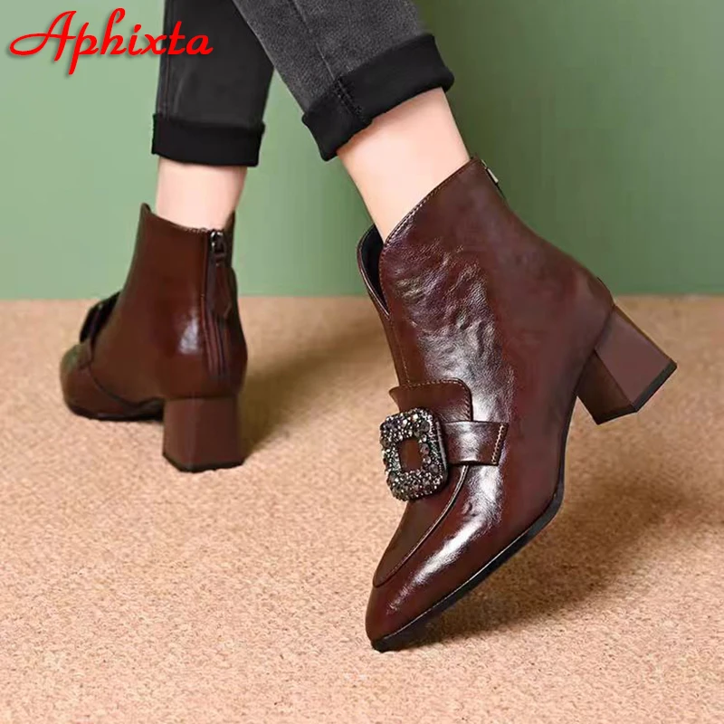 Aphixta Square Heels Crystals Buckle Ankle Boots High Quality Woman Shoes Winter Back Zipper Modern Brown Black  Boot s