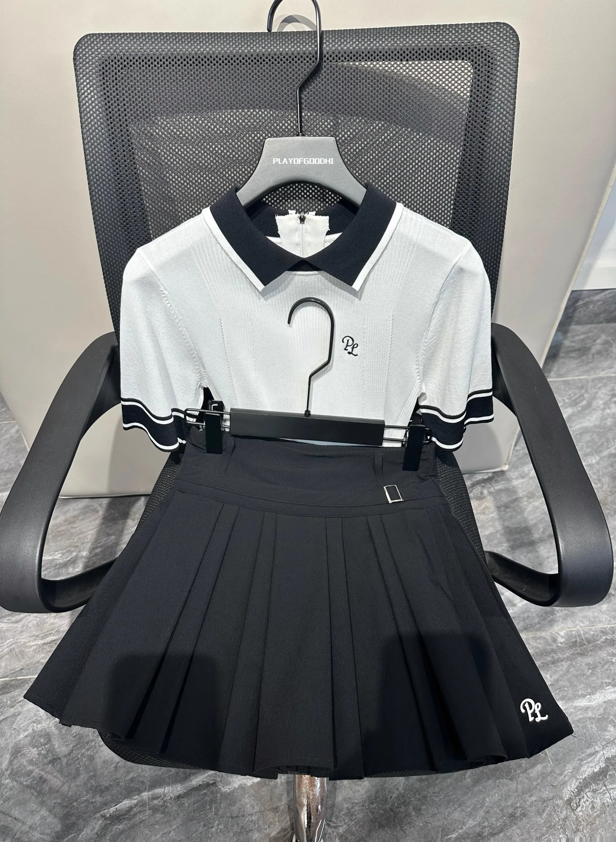 new women golf suit knitted short sleeve slim-fit polo shirt high elastic top sports outdoor tennis pleats skirt thin