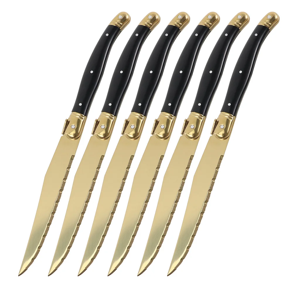 Jaswehome 4/6/8/12pcs Steak Knives Set Titanium Gold Plating Sharp Knives  Food Grade Dinnerware Sets Black Golden Dinner Knife