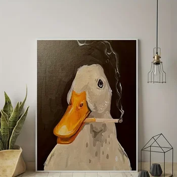 오리 그림 캔버스 그림, 흡연 오리 벽 아트, 흡연 오리 포스터 인쇄, 거실 소파 배경 장식, 프레임 없음, 1 개 상품 이미지