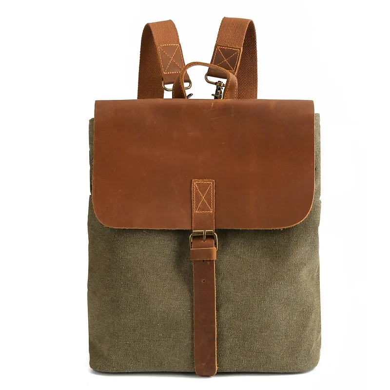 Vintage Canvas Backpack Men's Crazy Horse Genuine Leather Canvas Bag Outdoor Travel Backpack