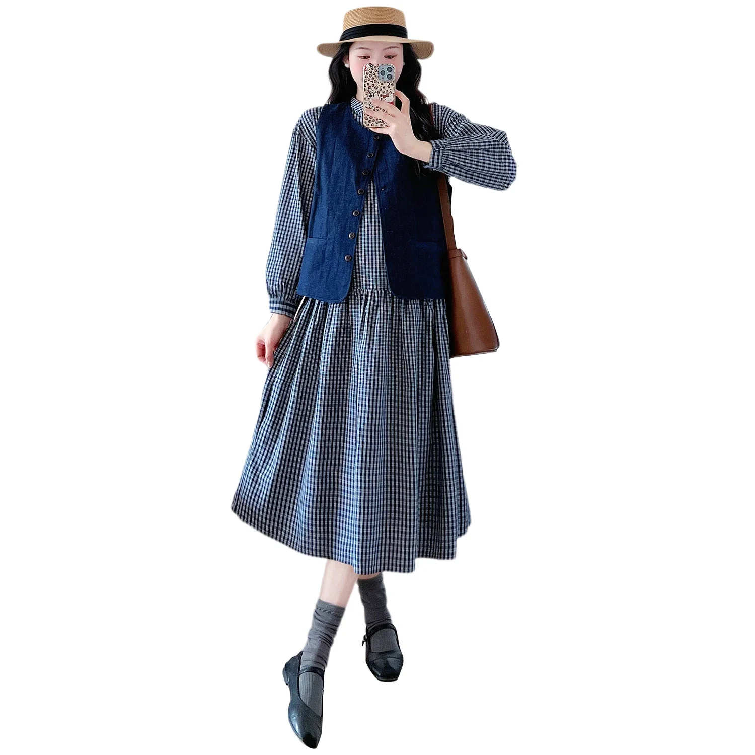 New Pregnant Women's Literary Retro Plaid Maternity Dress Vest Maternity Suit