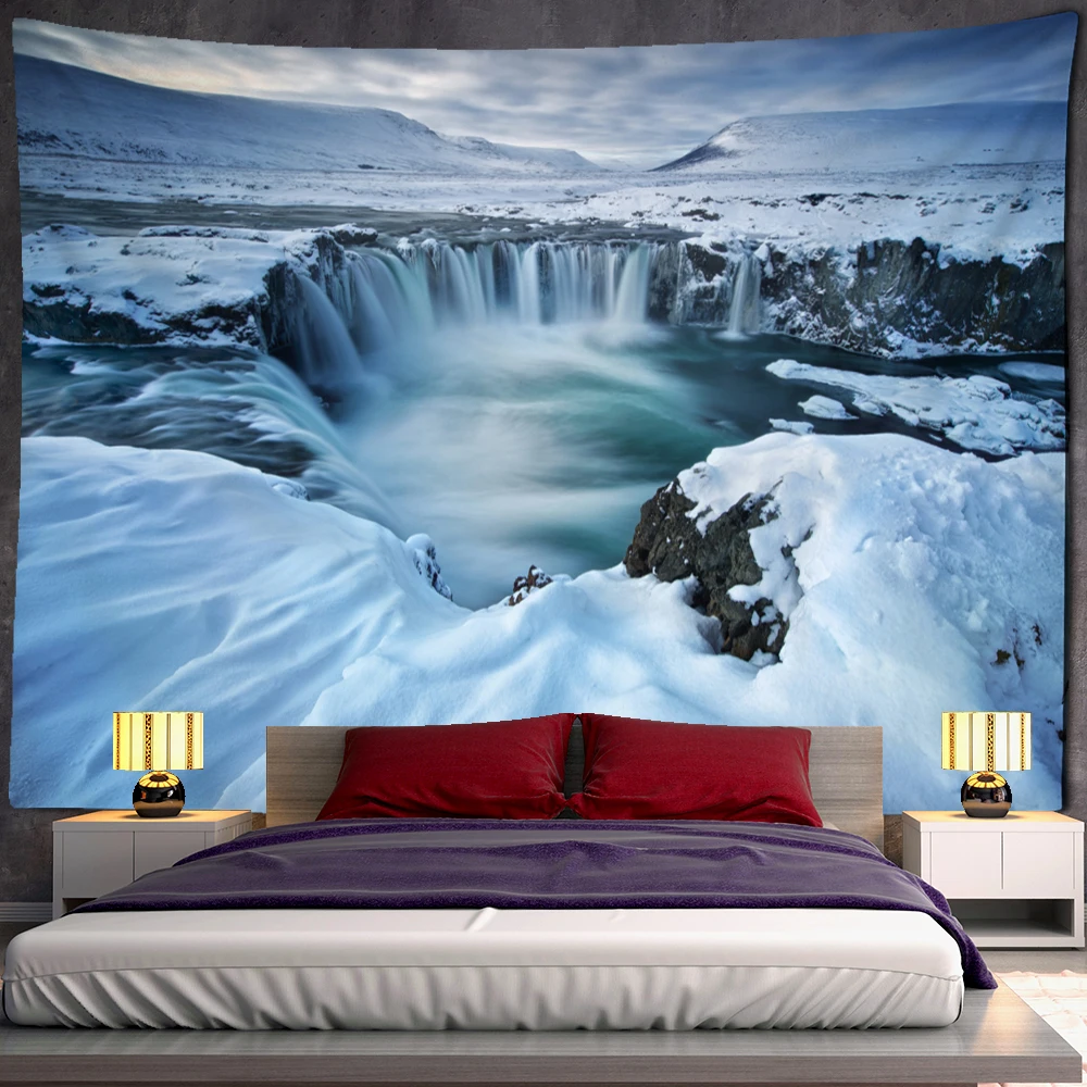 

Mountain Range and Waterfall Blue Sky White Cloud Lscape Guest Room Bedroom Living Decorative Tapestry