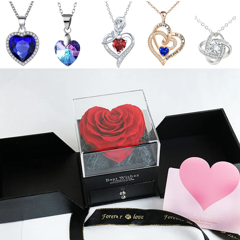 

Heart Eternal Rose Flower Jewelry Gift Box /w Love Necklace Gift Set Wedding Christmas Valentines Jewellery Case Gifts for Women