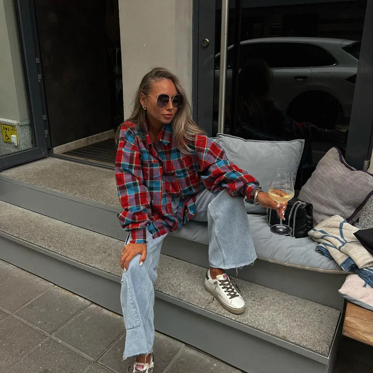 Patchwork Vintage Loose Shirts Female Casual Patchwork Pocket Long Sleeve Contrast Autumn Outwear Women's Shirts Tee
