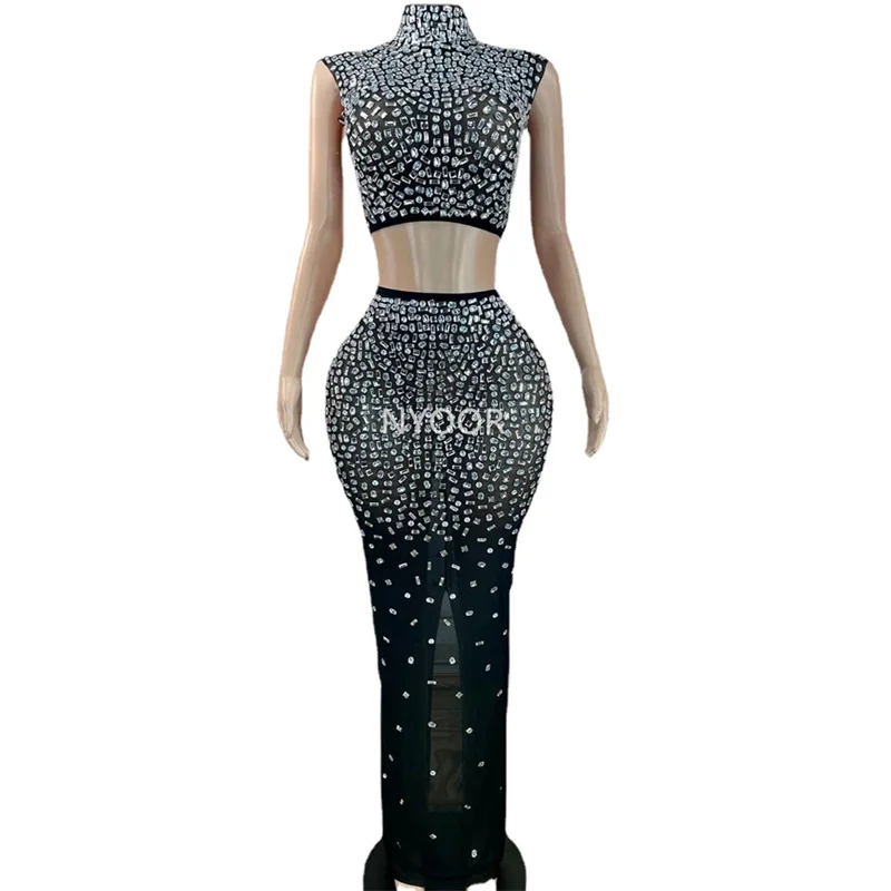 

Black Evening Shining Sexy Bling Rhinestone Dress Singer Dance Costume Party Birthday Skirt Performance Show Stage Wear New