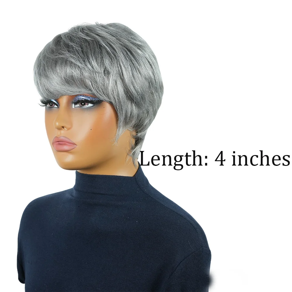 회색 인모 가발 짧은 픽시컷 가발 흑인 여성용 인모 기계 제작 가발 앞머리 있는 컬러 짧은 보브 가발