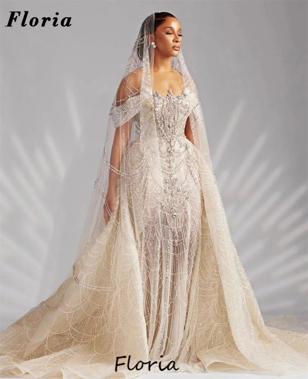 

New Fashion Beading Mermaid Bride Dresses African Dubai Crystals Evening Dresses For Weddings Vestidos De Gala Engagement Gowns