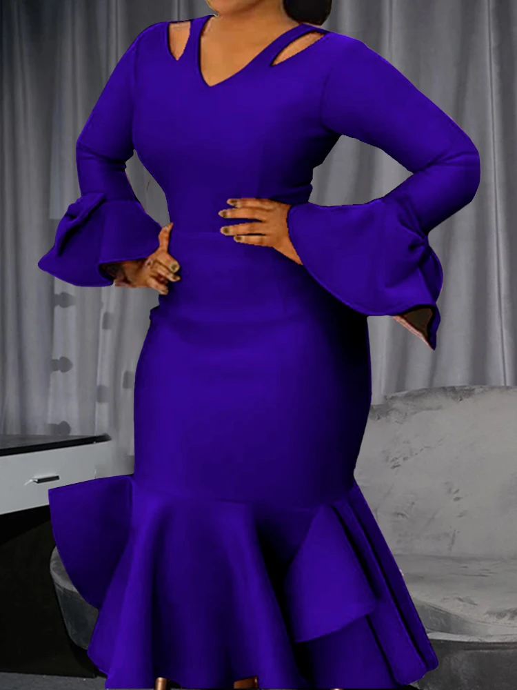 Women Bodycon Party Dress Long Flare Sleeves Cold Shoulder