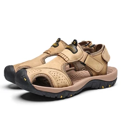Men's Summer Leather Sandals - Fashionable Large Size Slippers - 41 (Yellow)